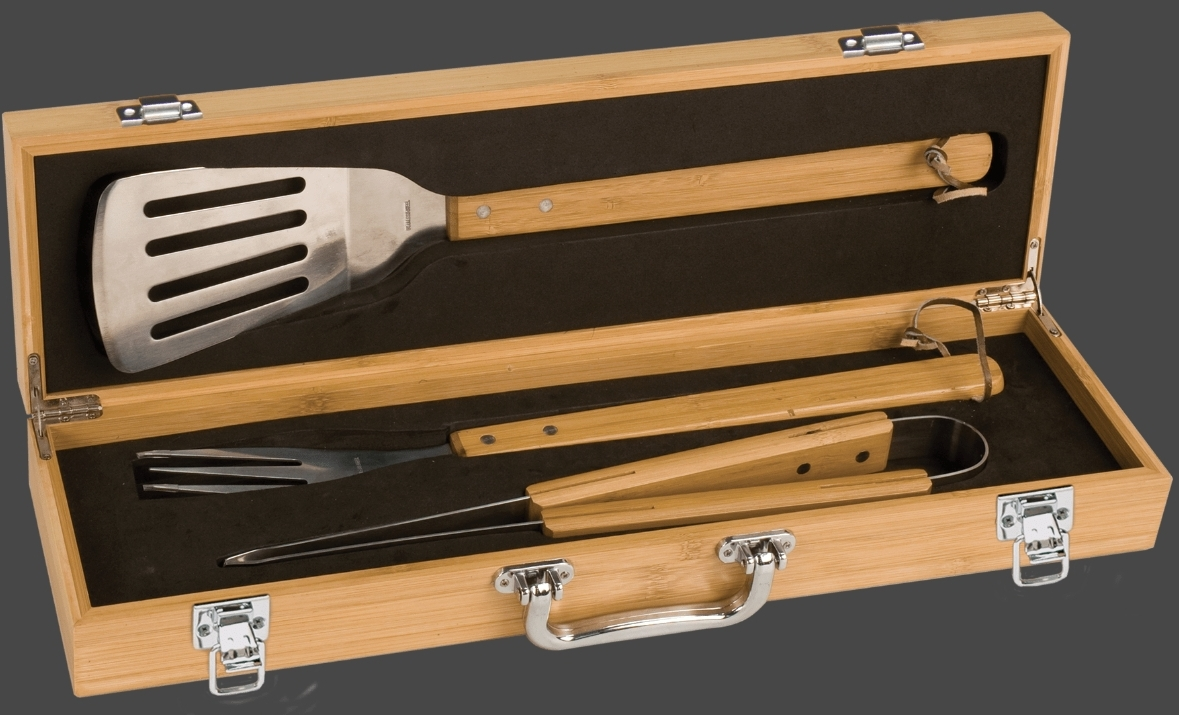 3 Piece BBQ Set in Bamboo Case