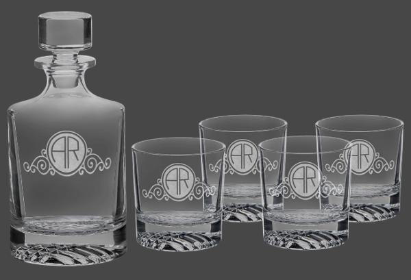 Laser Engraved Round Decanter W4 Glasses