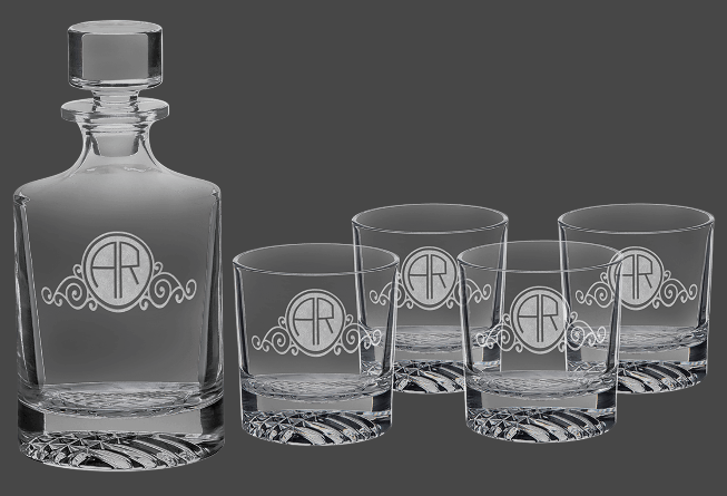 Laser Engraved Round Decanter W4 Glasses